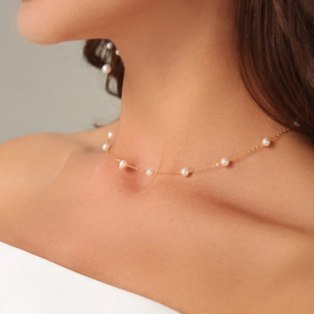 Solid gold Dainty Pearl Choker Necklace, Adjustable Freshwater Pearl Necklace